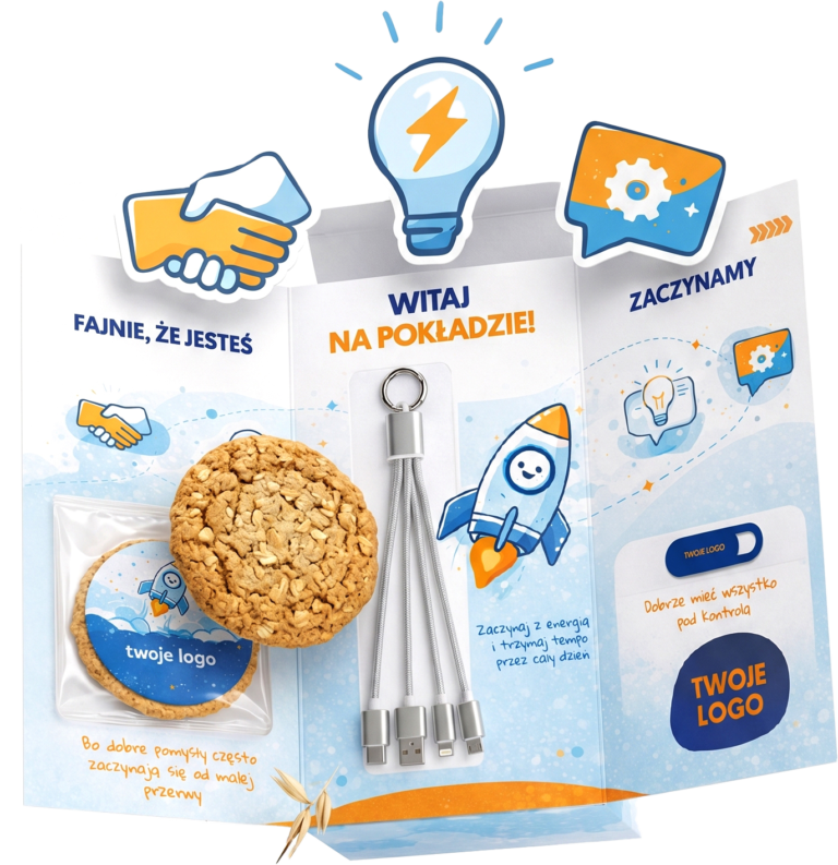 Personalizowany welcome pack z logo firmy zawierający ciasteczko reklamowe z nadrukiem, kabel do ładowania 4w1 oraz materiały onboardingowe dla nowych pracowników.