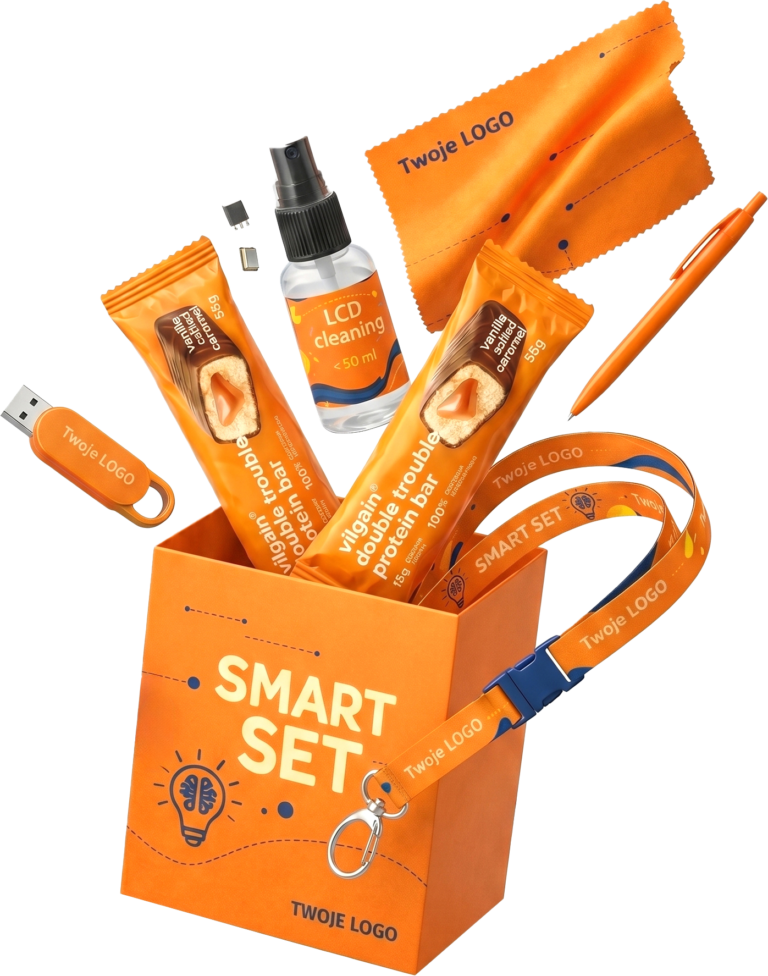 Pomarańczowy Smart Set z logo firmy zawierający pendrive, smycz reklamową, długopis, ściereczkę do ekranów, płyn do czyszczenia LCD oraz batony proteinowe.