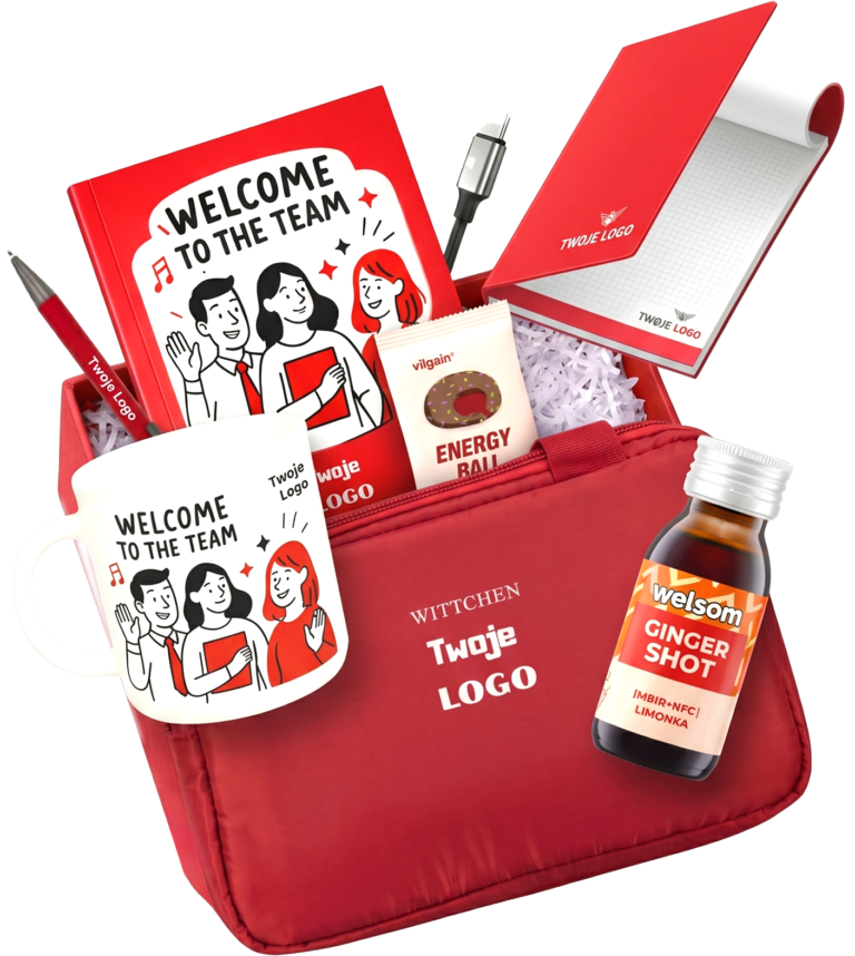 Czerwony welcome pack z logo firmy zawierający kubek, notes, notatnik, organizer, długopis, przekąskę energetyczną i shot imbirowy.