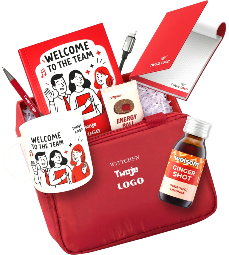 Energetyczny welcome pack z logo firmy, stworzony z myślą o skutecznym onboardingu nowych pracowników.