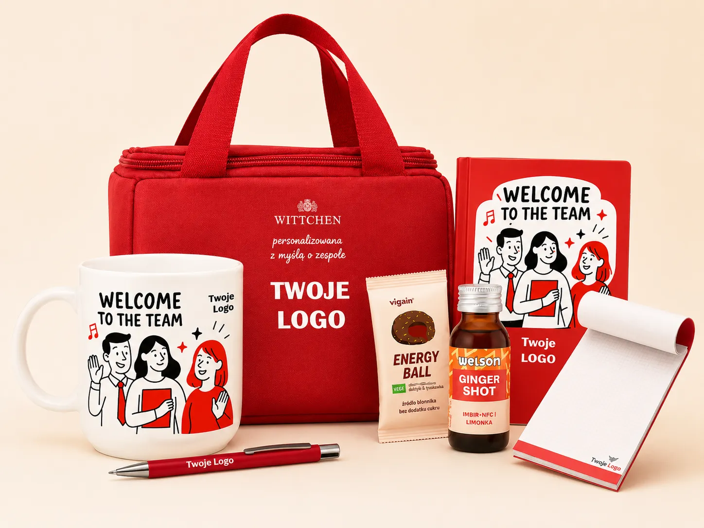 Welcome Pack Czerwony Start – personalizowany zestaw powitalny dla pracowników z torbą termiczną, kubkiem i notesem