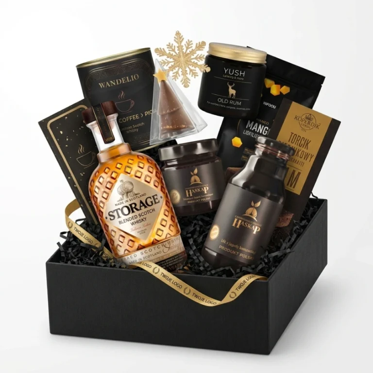 Luksusowy zestaw świąteczny dla firm Celebracja Deluxe z whisky i czekoladą